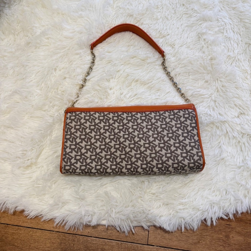 DKNY Monogram Logo Orange Leather Trim Shoulder Bag Baguette Purse Gold Hardware - Picture 2 of 5